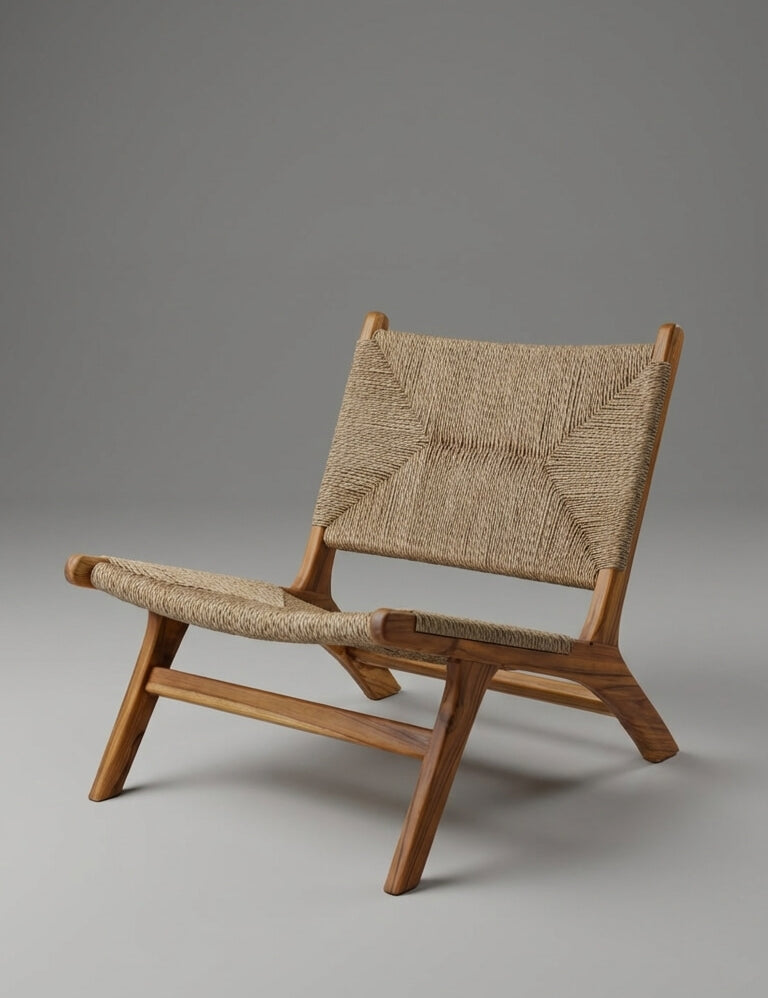 Wooden chair with woven seat and backrest on a gray background