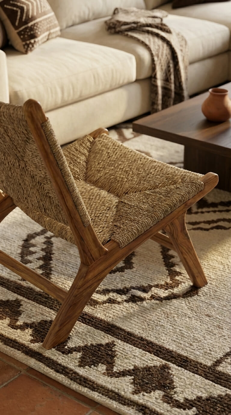 Woven chair on a patterned rug with a couch and coffee table in the background