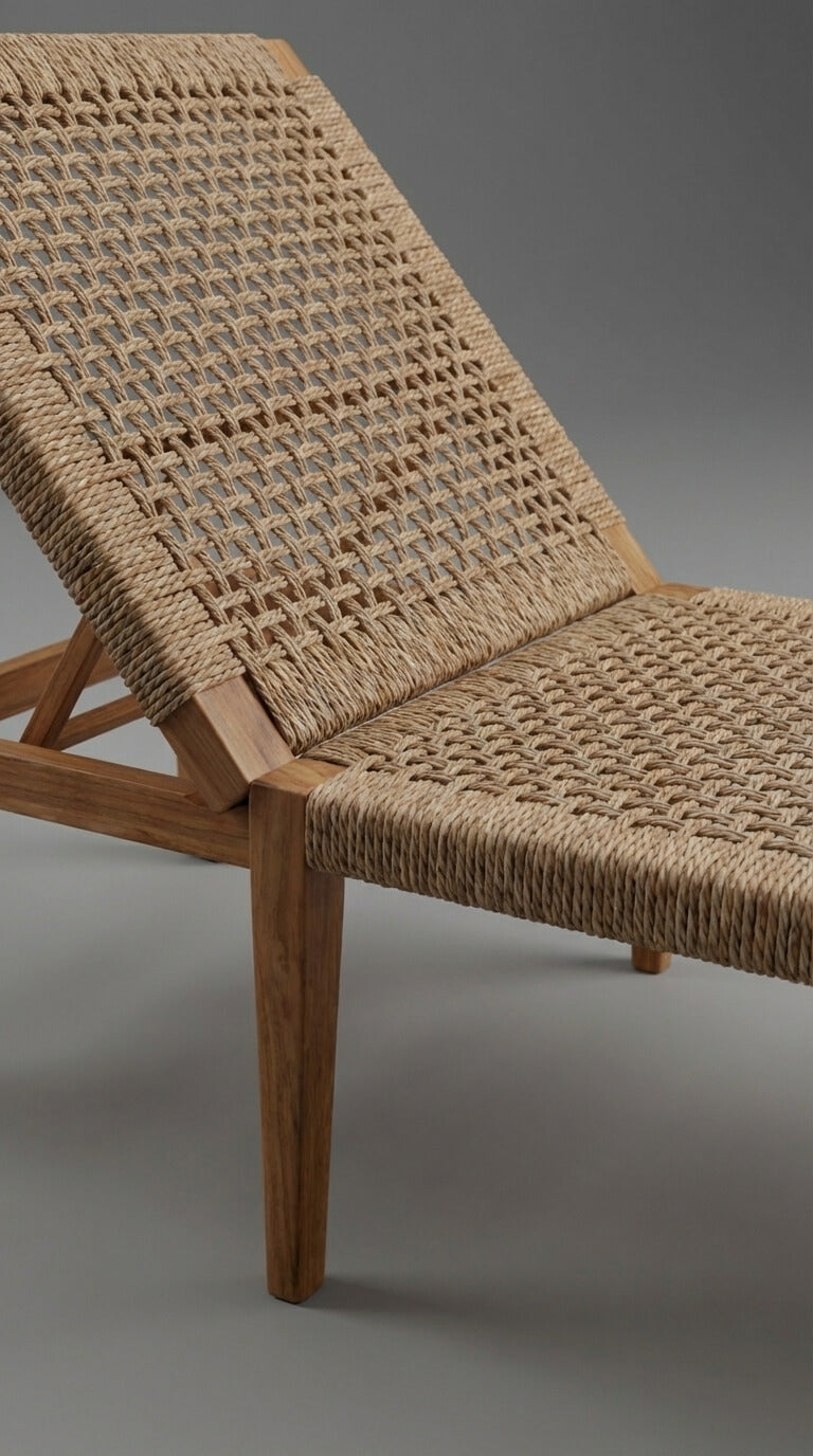 Woven chair with wooden frame on a gray background