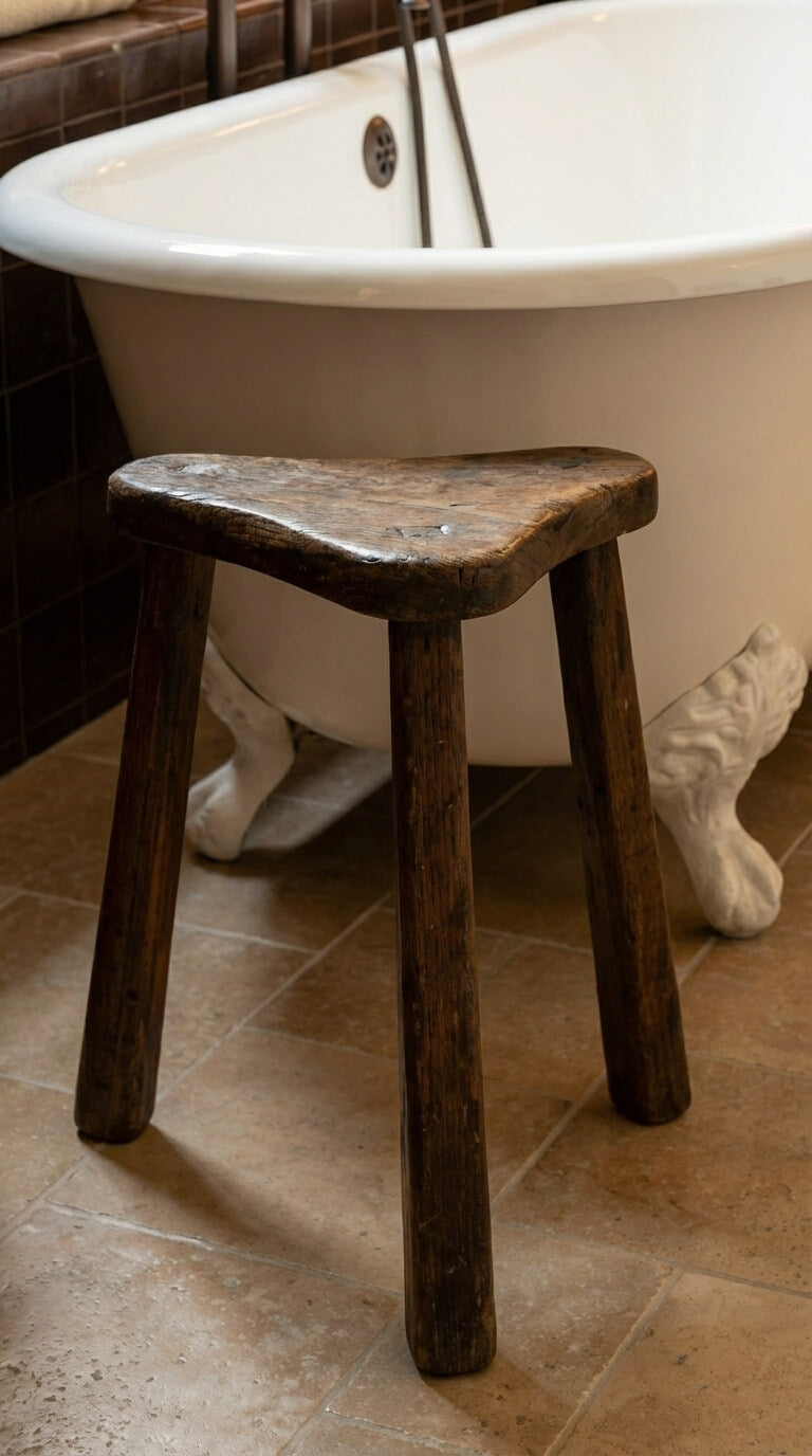 Wooden stool in front of a freestanding bathtub in a bathroom setting.