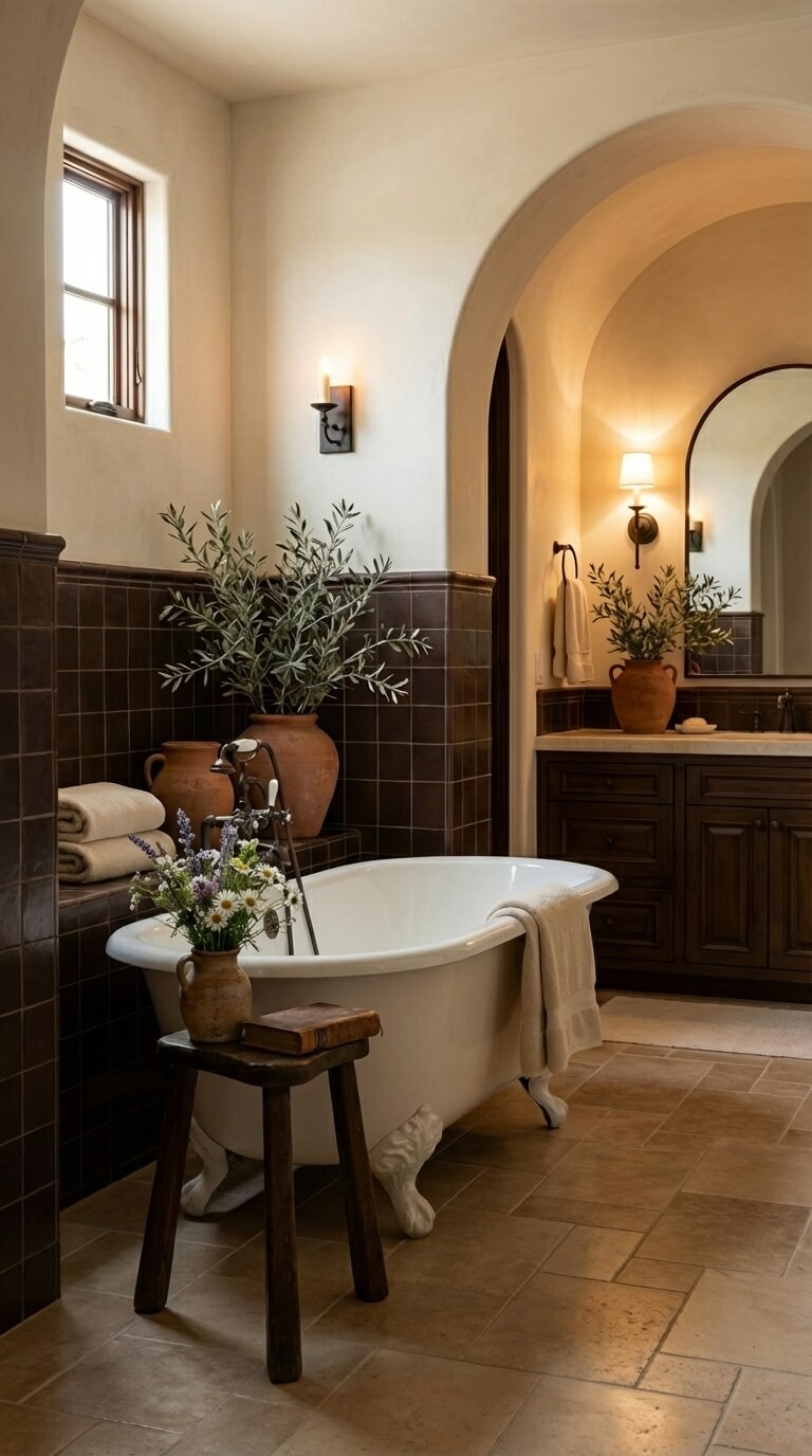Luxurious bathroom with freestanding bathtub, wooden stool, and decorative elements.