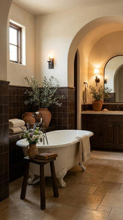 Luxurious bathroom with freestanding bathtub, wooden stool, and decorative elements.