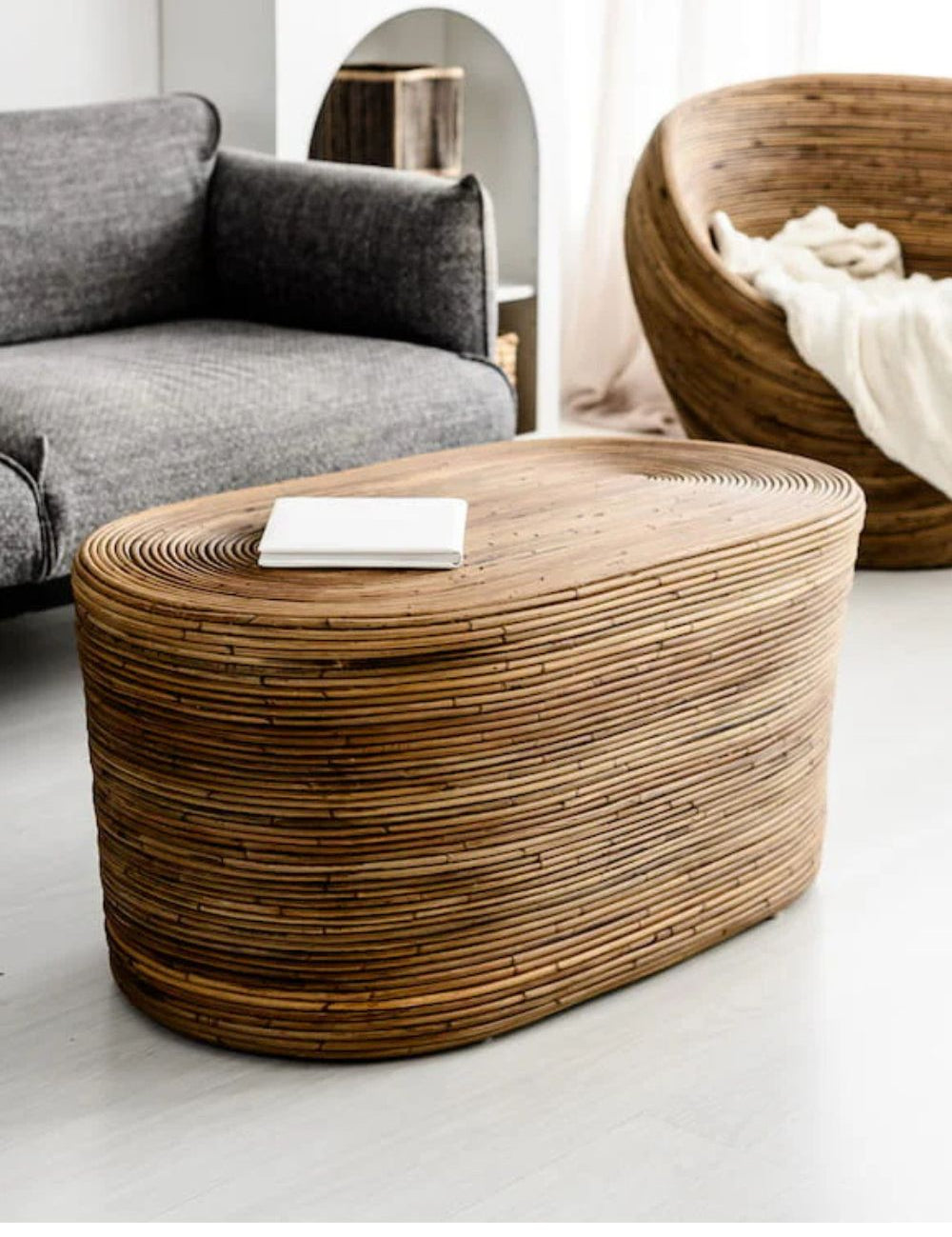 Tegal Oval Rattan Table in rich brown finish, handwoven from durable natural rattan for indoor or outdoor use