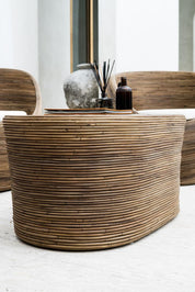 Tegal Oval Rattan Table in rich brown finish, handwoven from durable natural rattan for indoor or outdoor use