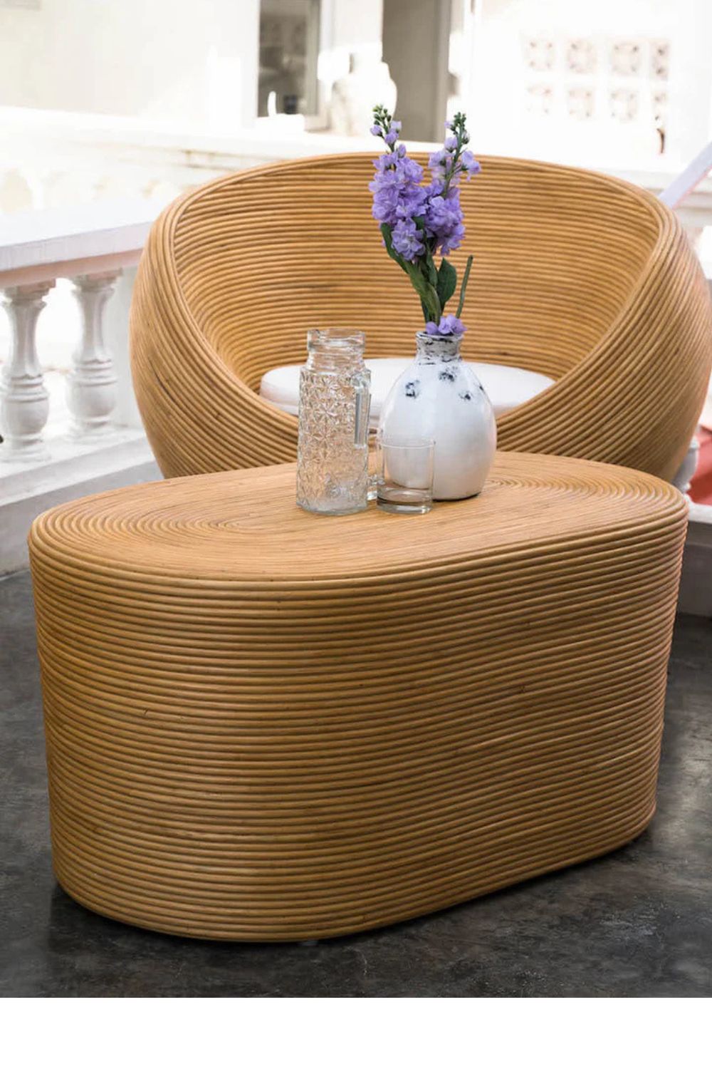 Tegal Oval Rattan Table in rich natural finish, handwoven from durable natural rattan for indoor or outdoor use