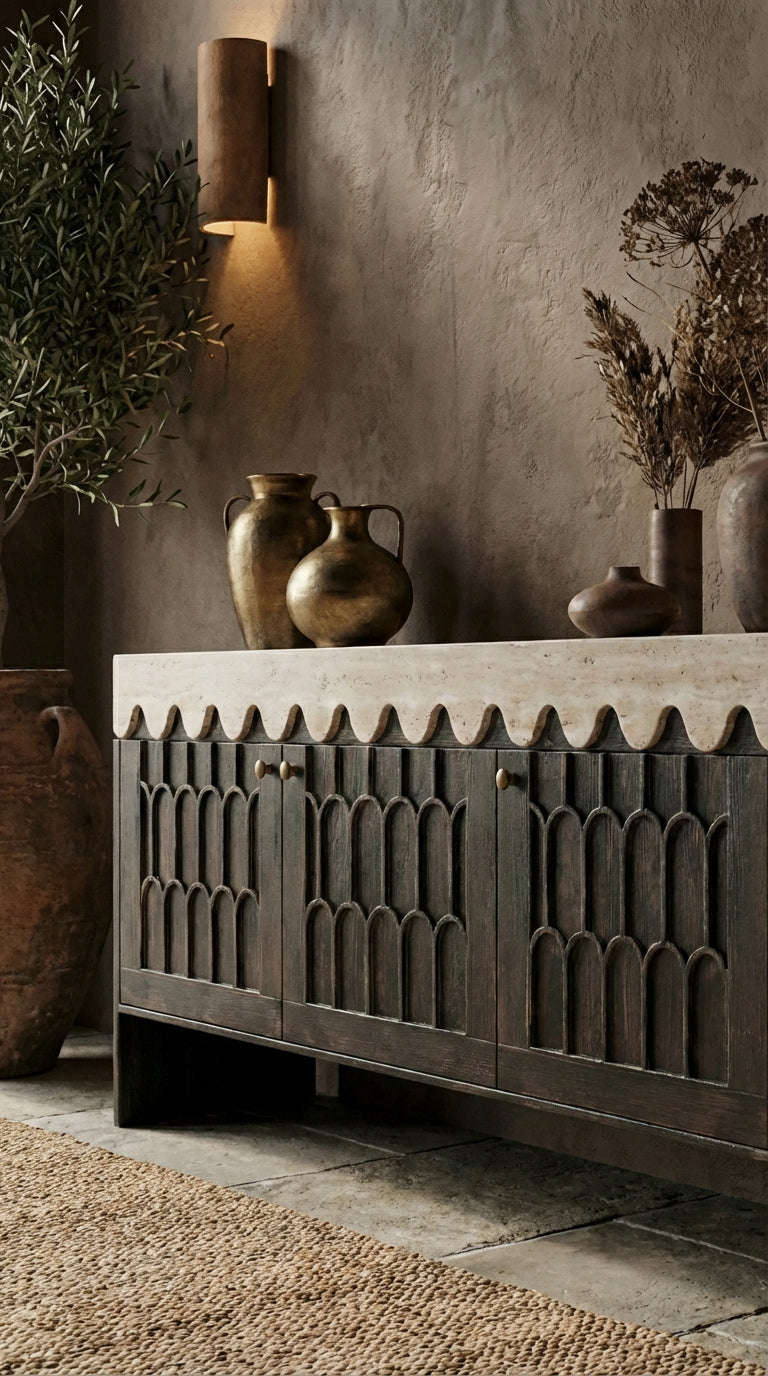 luxury travertine consle table with sculptural stone base
