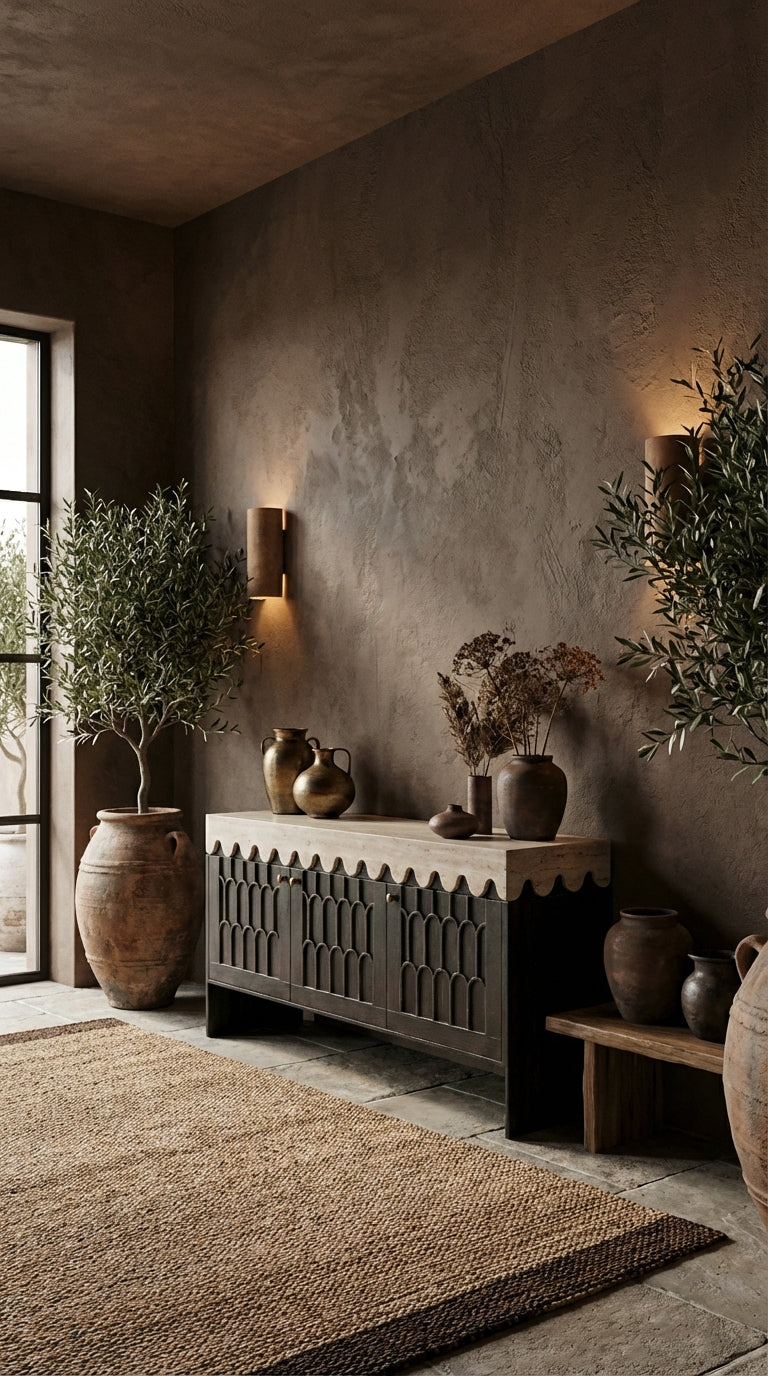Nestled corner of a room with decorative vases, plants, and a textured wall.