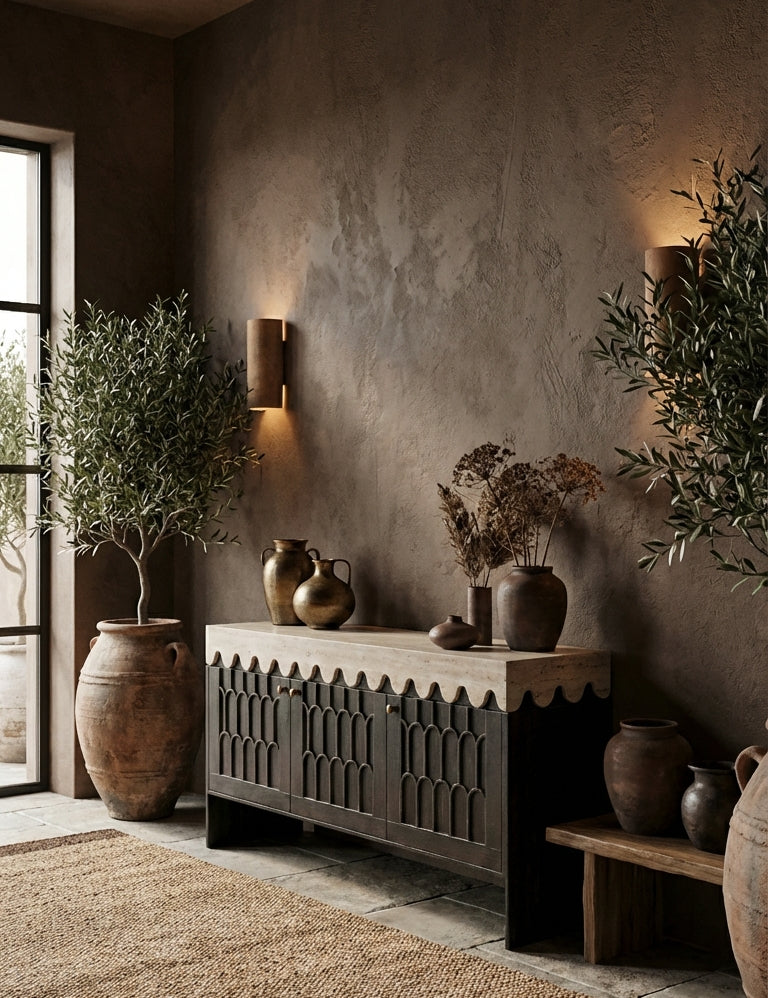 Nestled corner of a room with decorative vases, plants, and a textured wall.