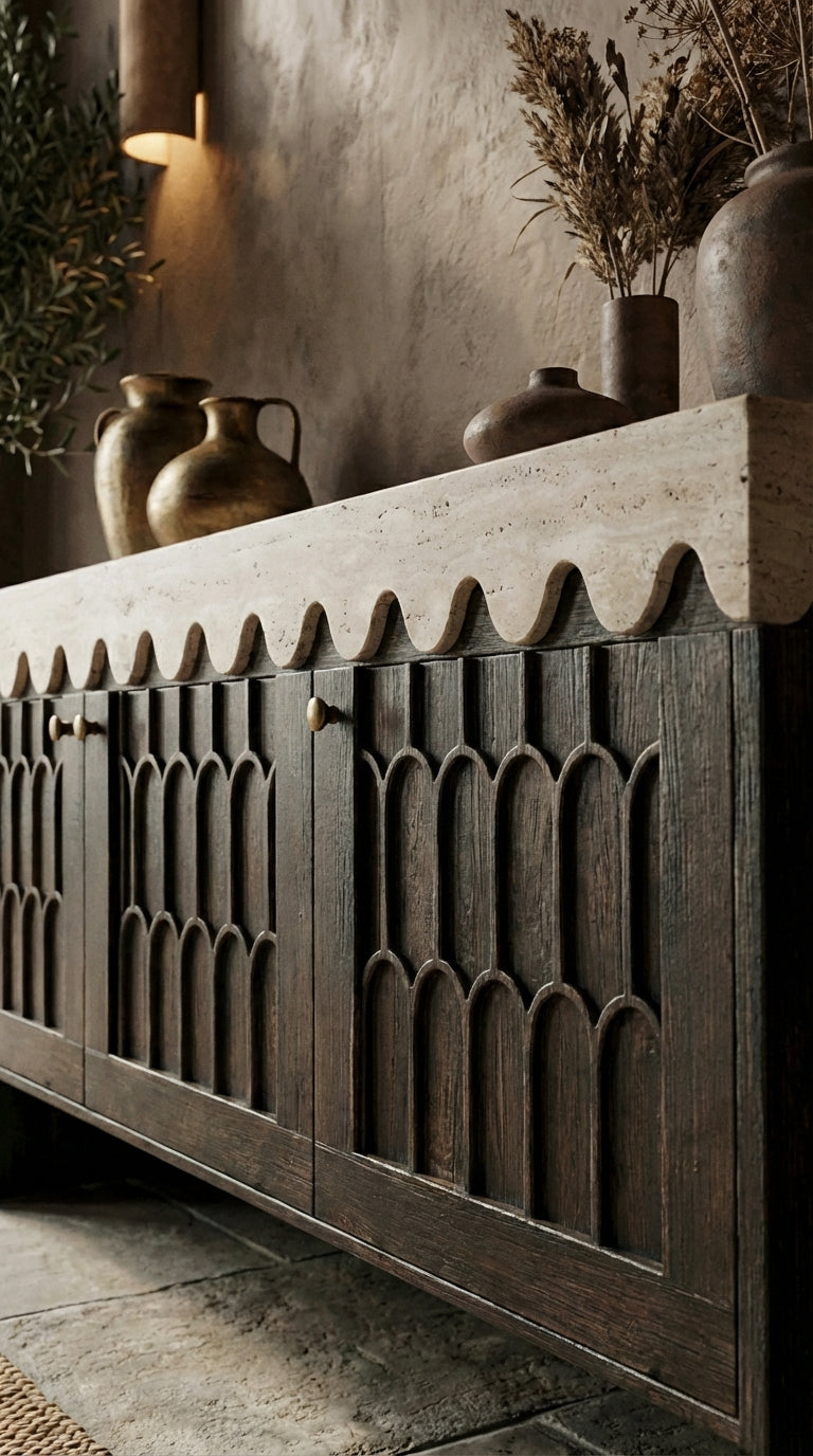 organic modern travertine tv stand table with natural texture
