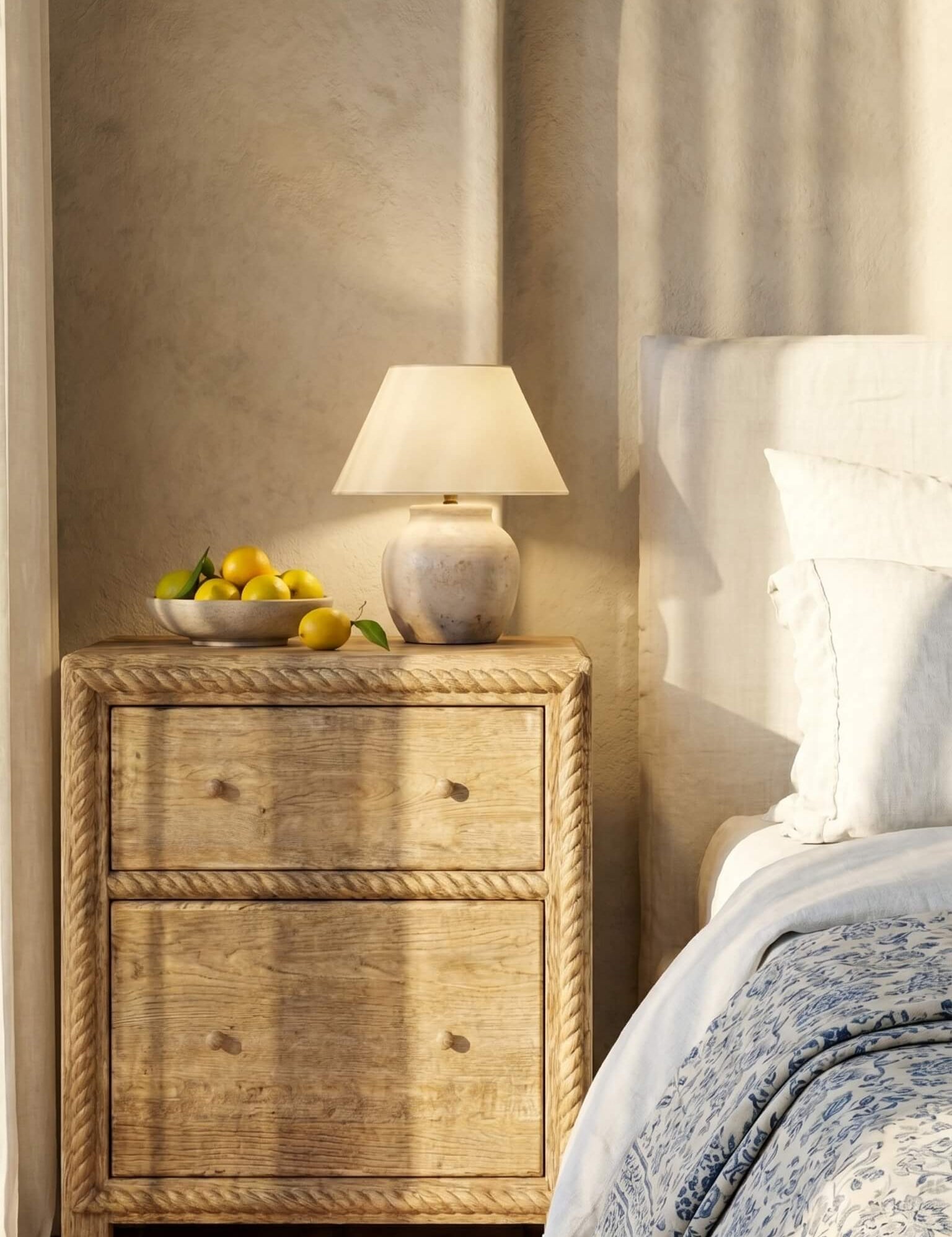 Wicker nightstand with lamp and fruit next to a bed in a bedroom.