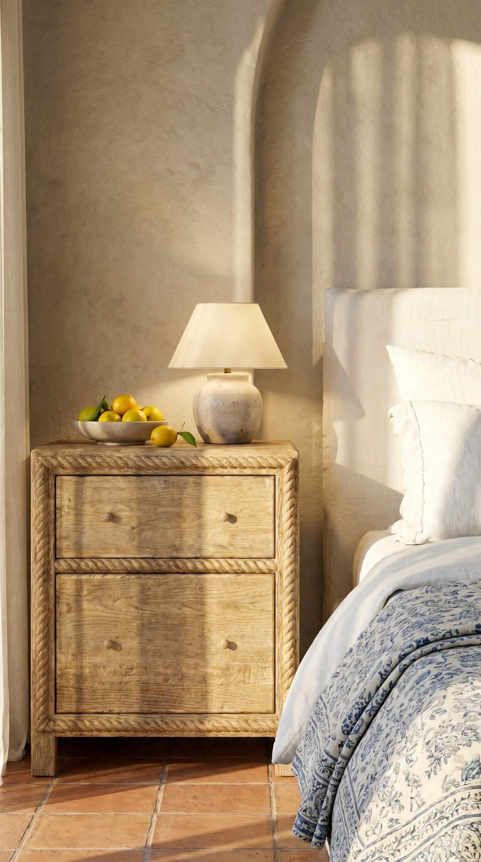 Wicker nightstand with lamp and fruit next to a bed in a bedroom.