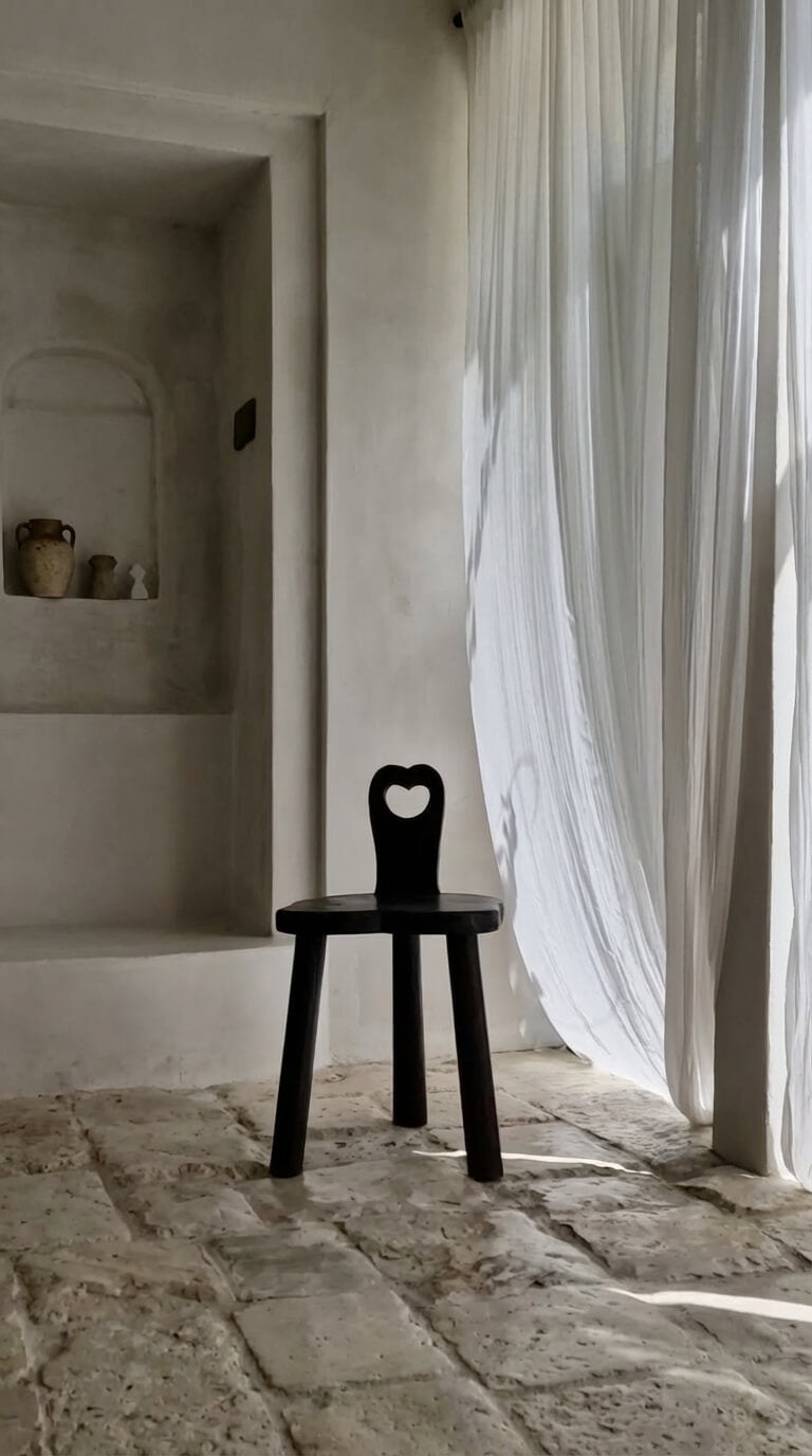 Black chair with a heart-shaped backrest in a room with stone flooring and white curtains.