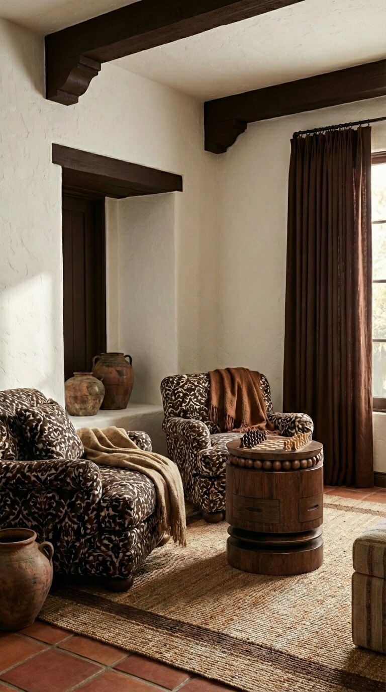 Natural wood chess side table with round tabletop
