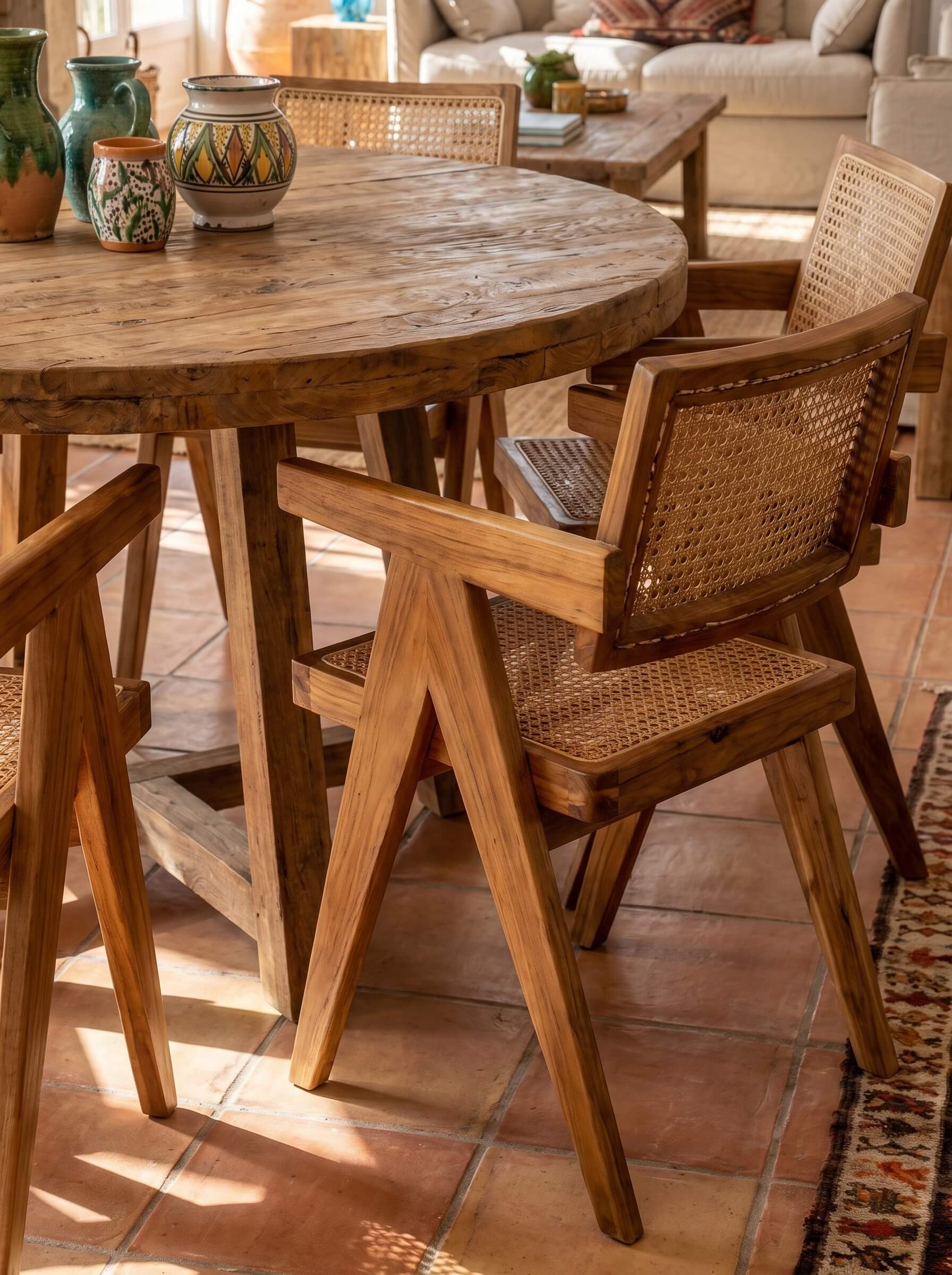 Back detail of solid teak wood chair
Modern organic teak wood dining chair