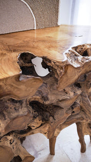 Wooden table with natural, organic design in a room setting