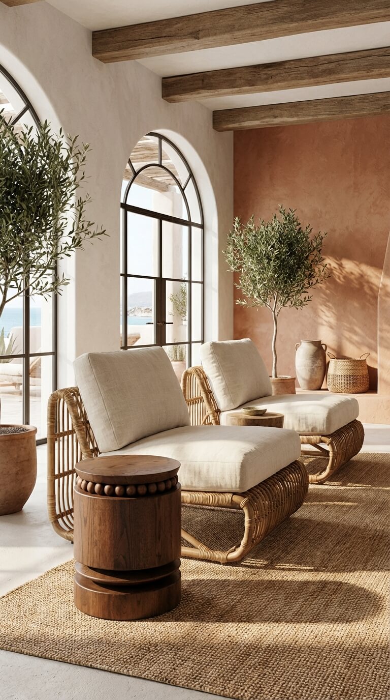 Handcrafted wood side table with woven texture
