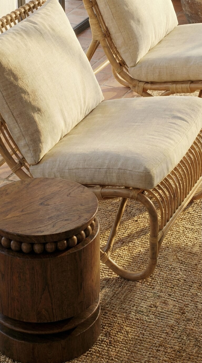 Natural teak wood coffee table in coastal style interior
