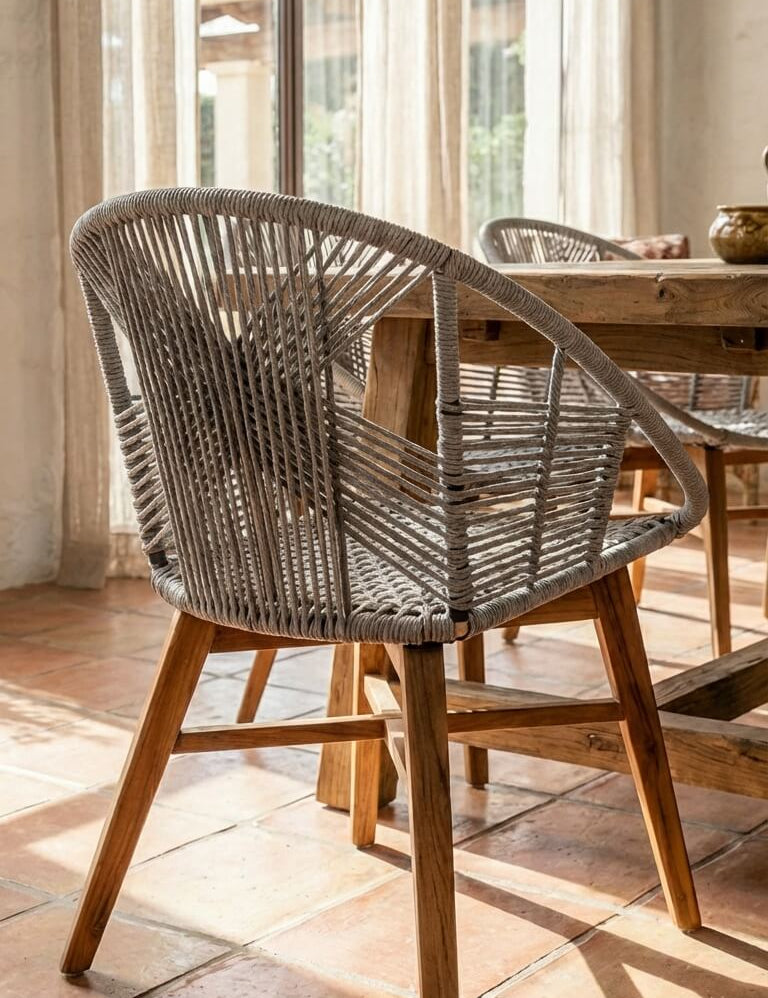 Wicker chair with wooden legs in a room with large windows and tiled floor.