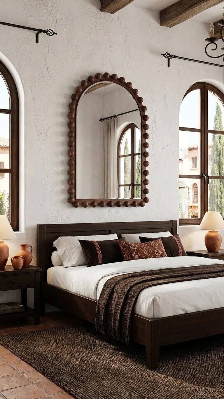Bedroom with wooden bed, decorative mirror, and arched windows.