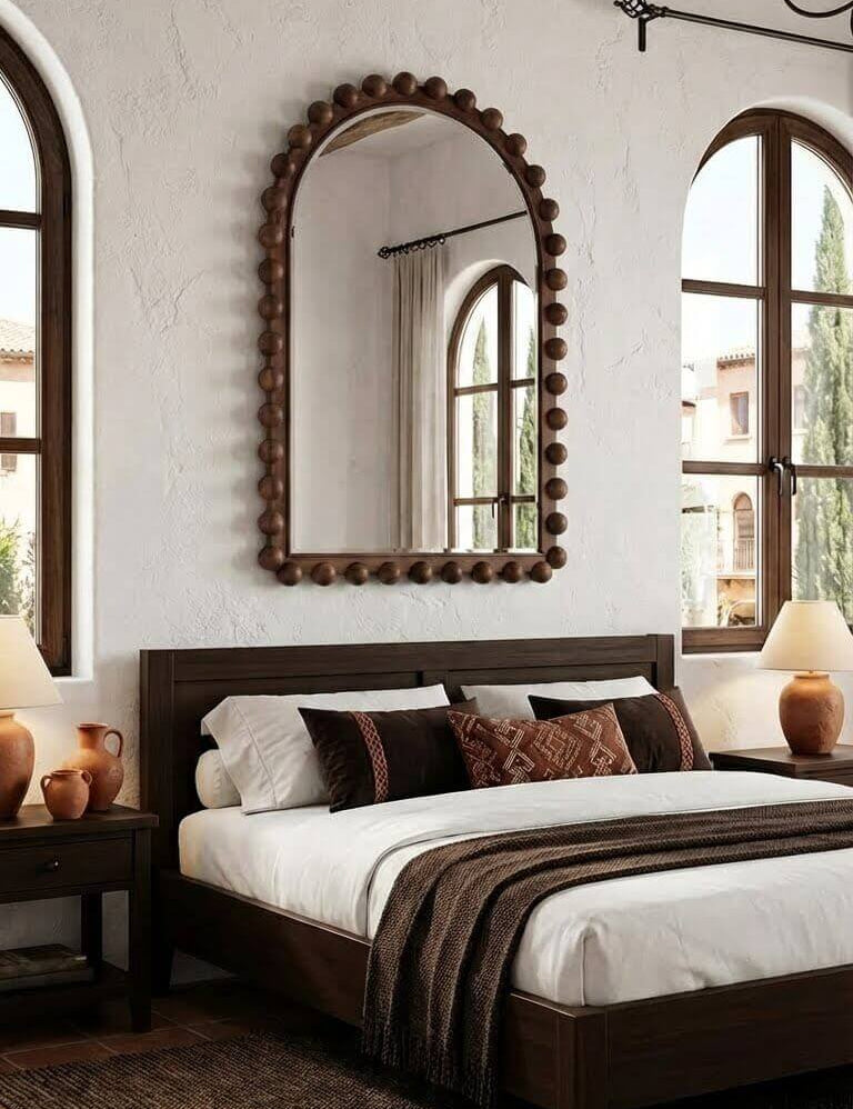 Bedroom with wooden bed, decorative mirror, and arched windows.
