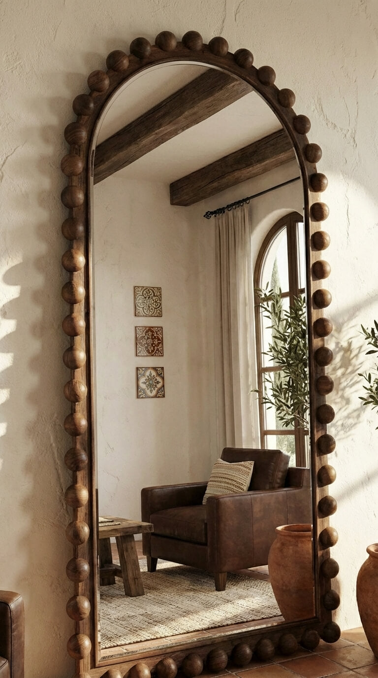 Wooden beaded mirror in a room with a brown armchair and decorative elements.