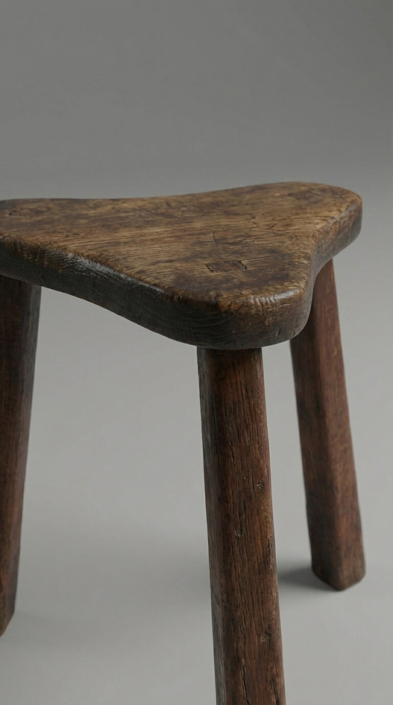 Wooden stool with a curved seat on a plain background