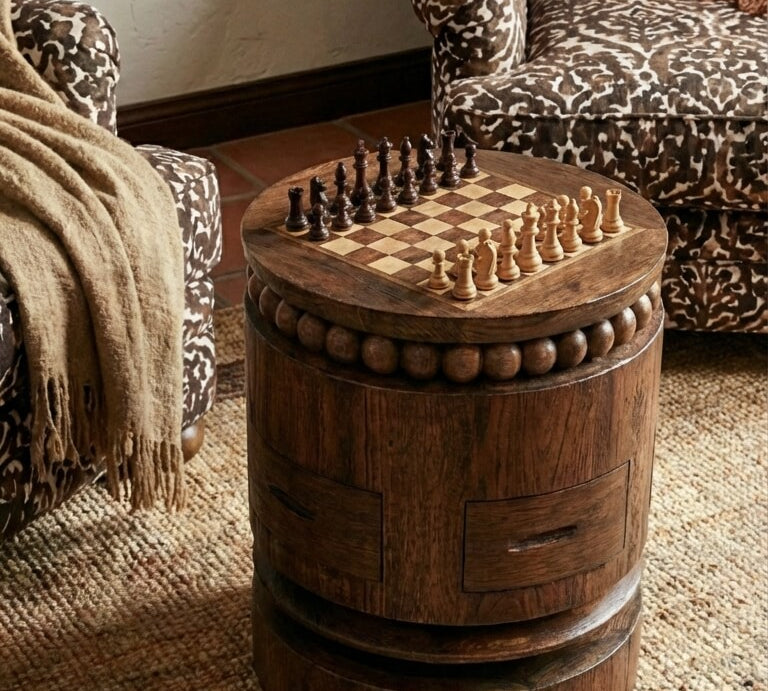 Wooden barrel table with chessboard in a cozy living room setting