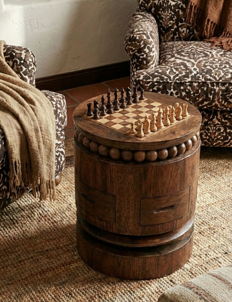 Wooden barrel table with chessboard in a cozy living room setting
