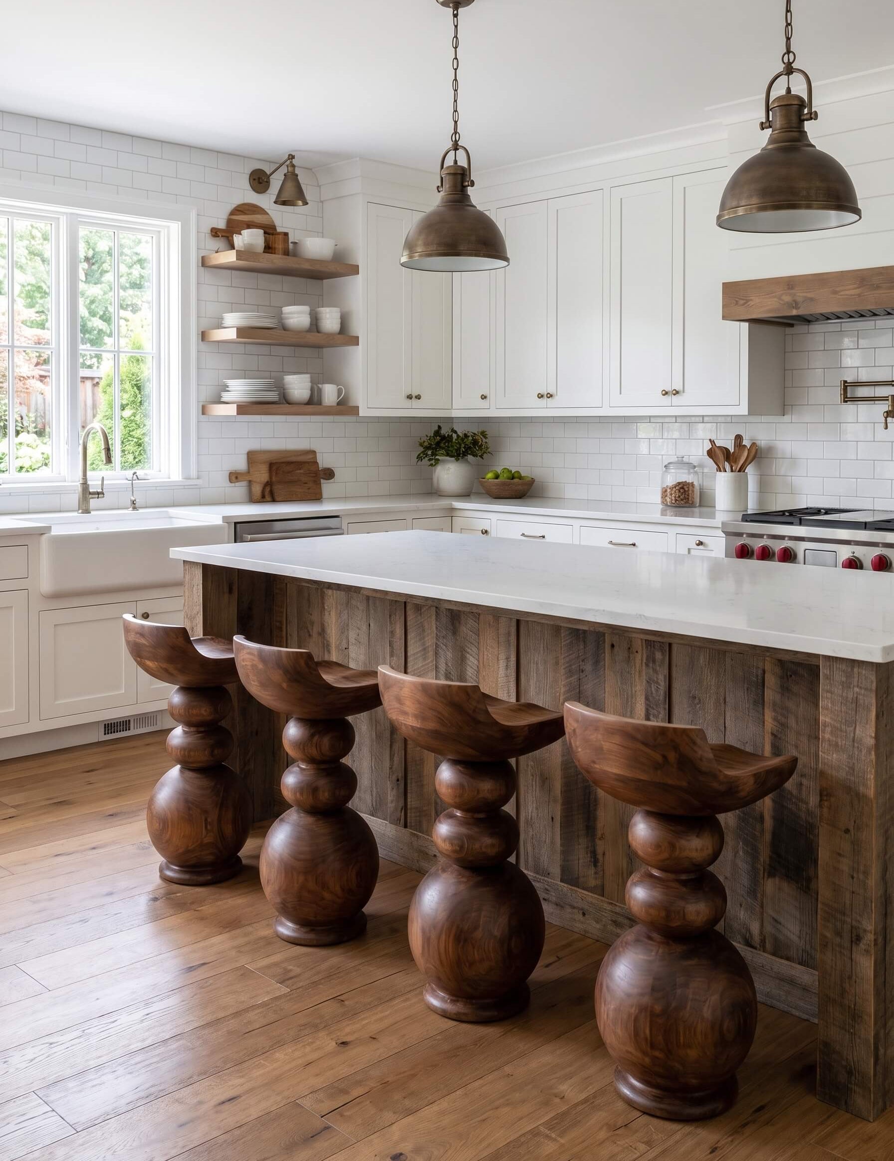 A rustic farmhouse kitchen island with a white stone countertop and four carved dark wood bar stools, set in a bright kitchen with white cabinets, wood floors, and hanging pendant lights.