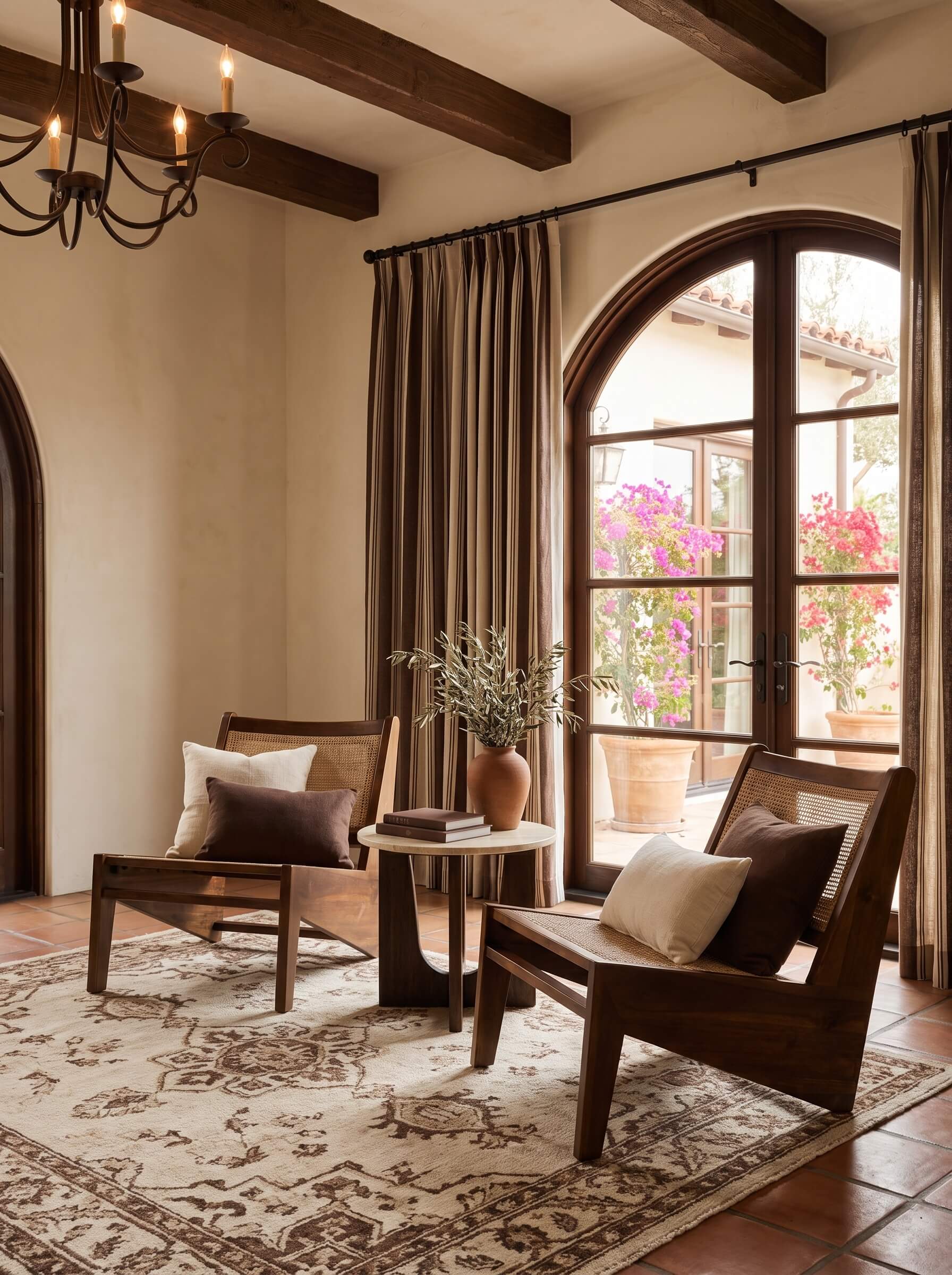 A styled interior scene with two wooden armchairs, a small round side table, a patterned area rug, curtains, arched windows, and a chandelier. No person or animal is present, but this is not a clean isolated product shot; it is a real room environment, so subject_type is Lifestyle.