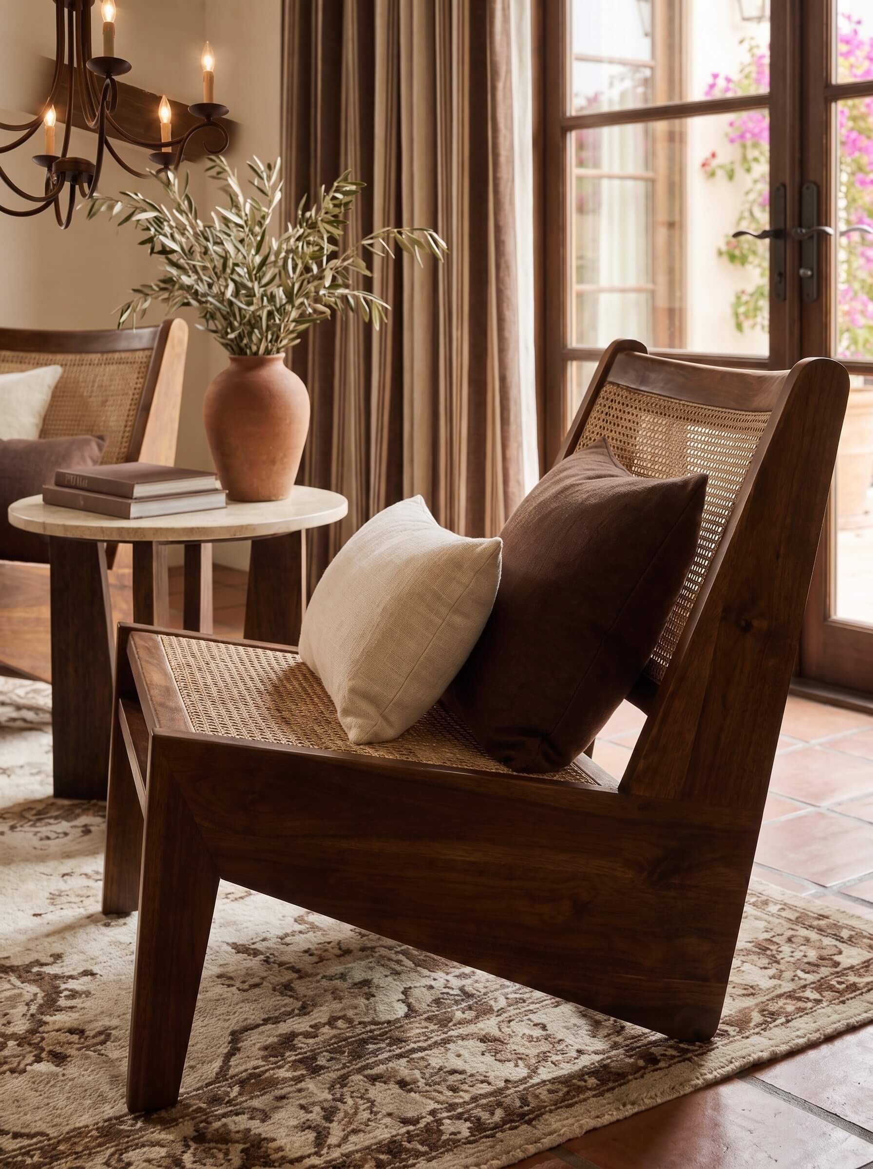 A rustic wooden armchair with woven cane back and seat, styled with a cream pillow and a dark brown accent pillow in a warm, sunlit room.