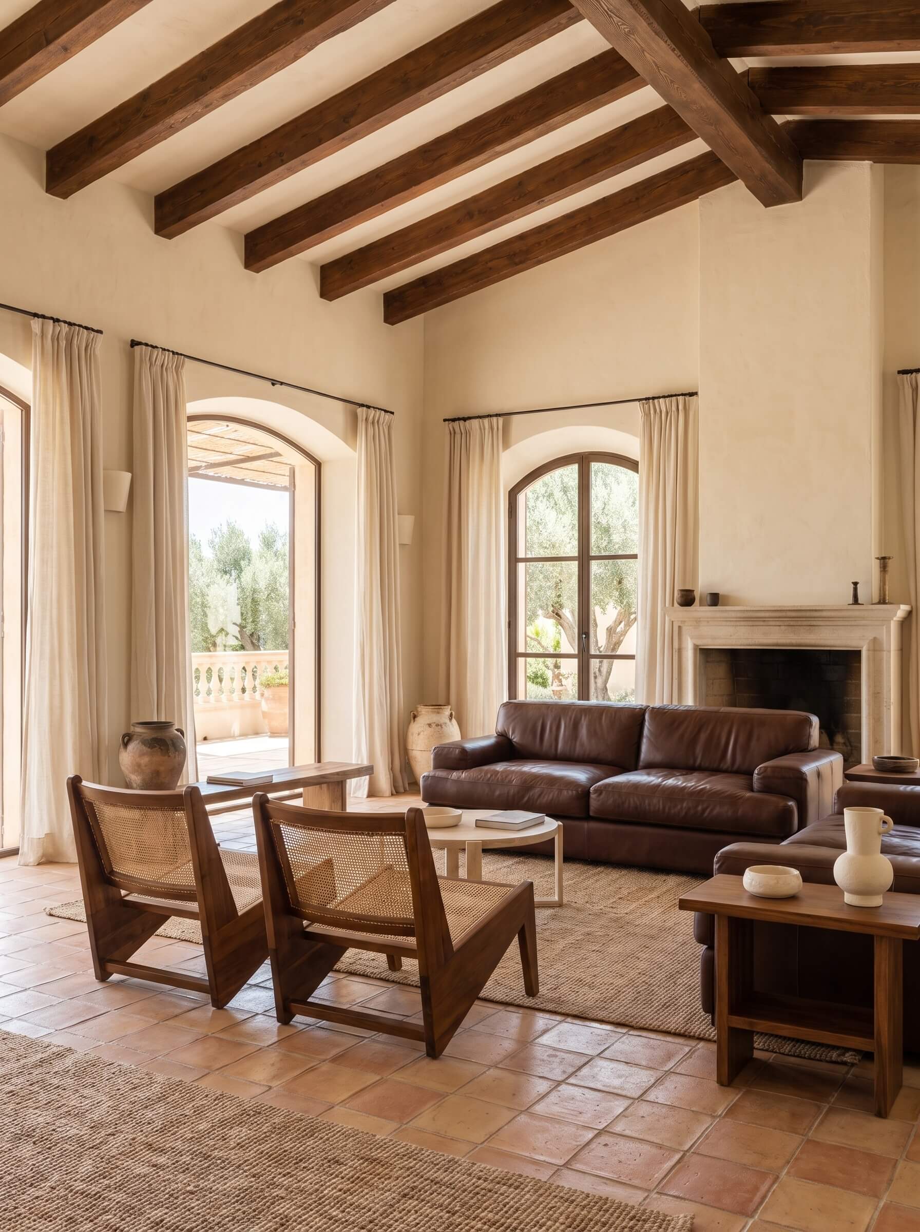 A spacious, rustic living room with a dark brown leather sofa, two wooden armchairs with woven seats, terracotta tile floors, and a high ceiling with exposed wooden beams.