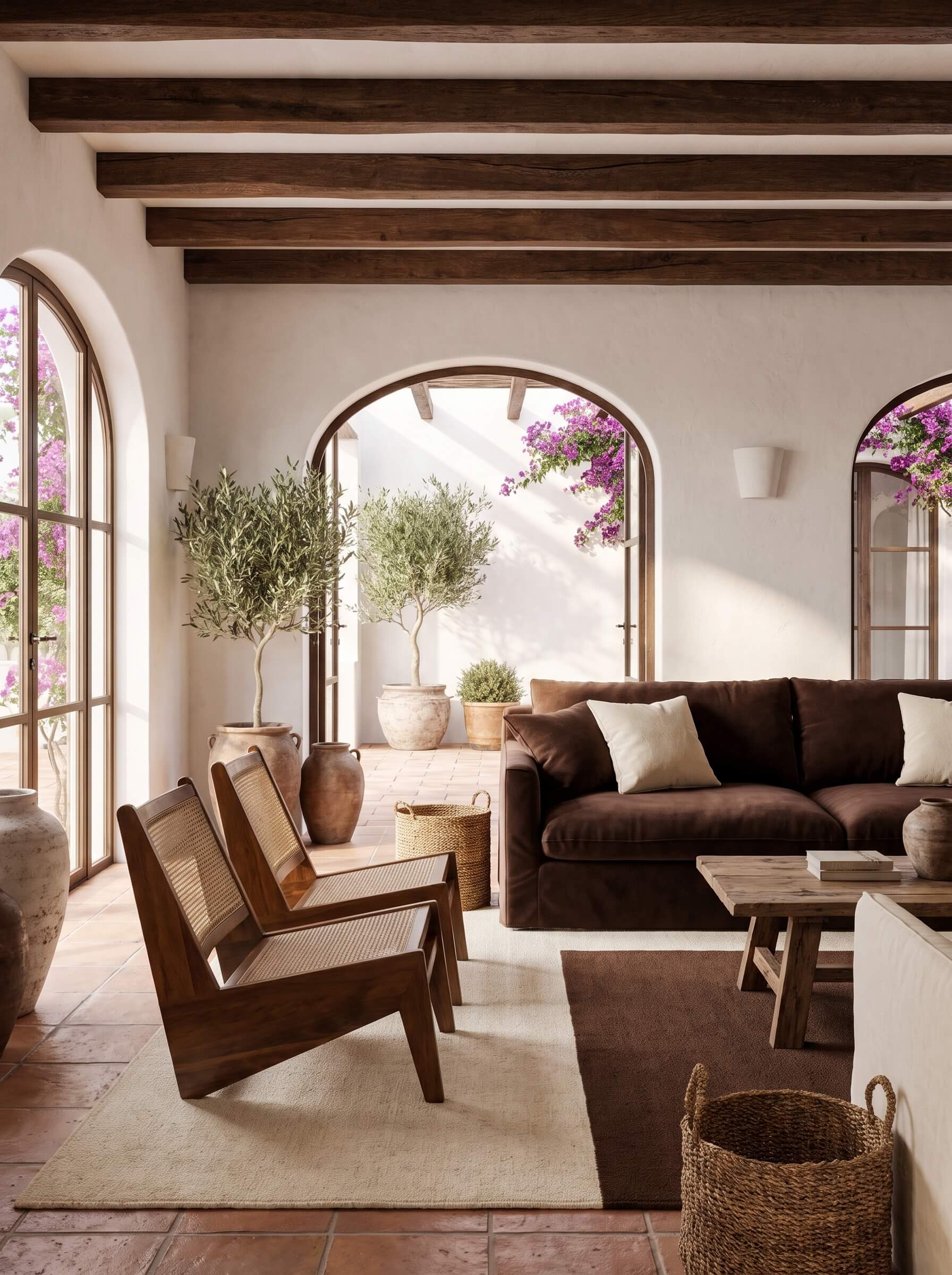 A styled interior living room scene with a dark brown sofa, two wooden lounge chairs, a coffee table, woven baskets, arched windows, and potted plants.