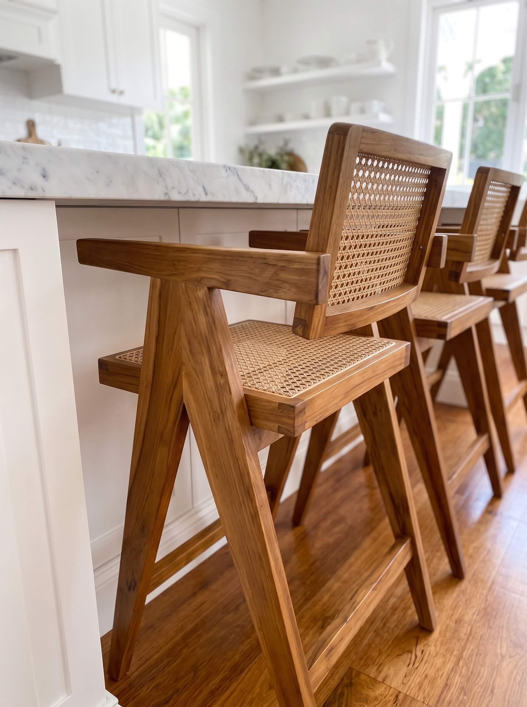 
Close-up detail of teak wood joinery
Teak wood lounge chair with sculptural silhouette
