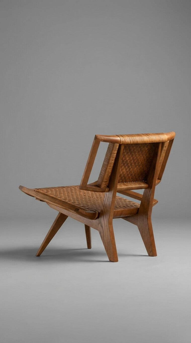 Teak wood accent chair placed in living space
Sculptural teak wood armchair in modern room