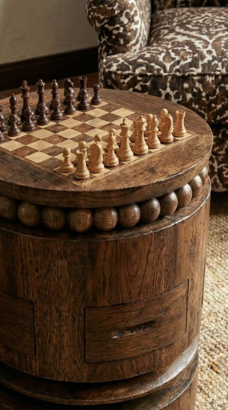 Wooden barrel-shaped table with a chess set on top, next to a patterned chair.