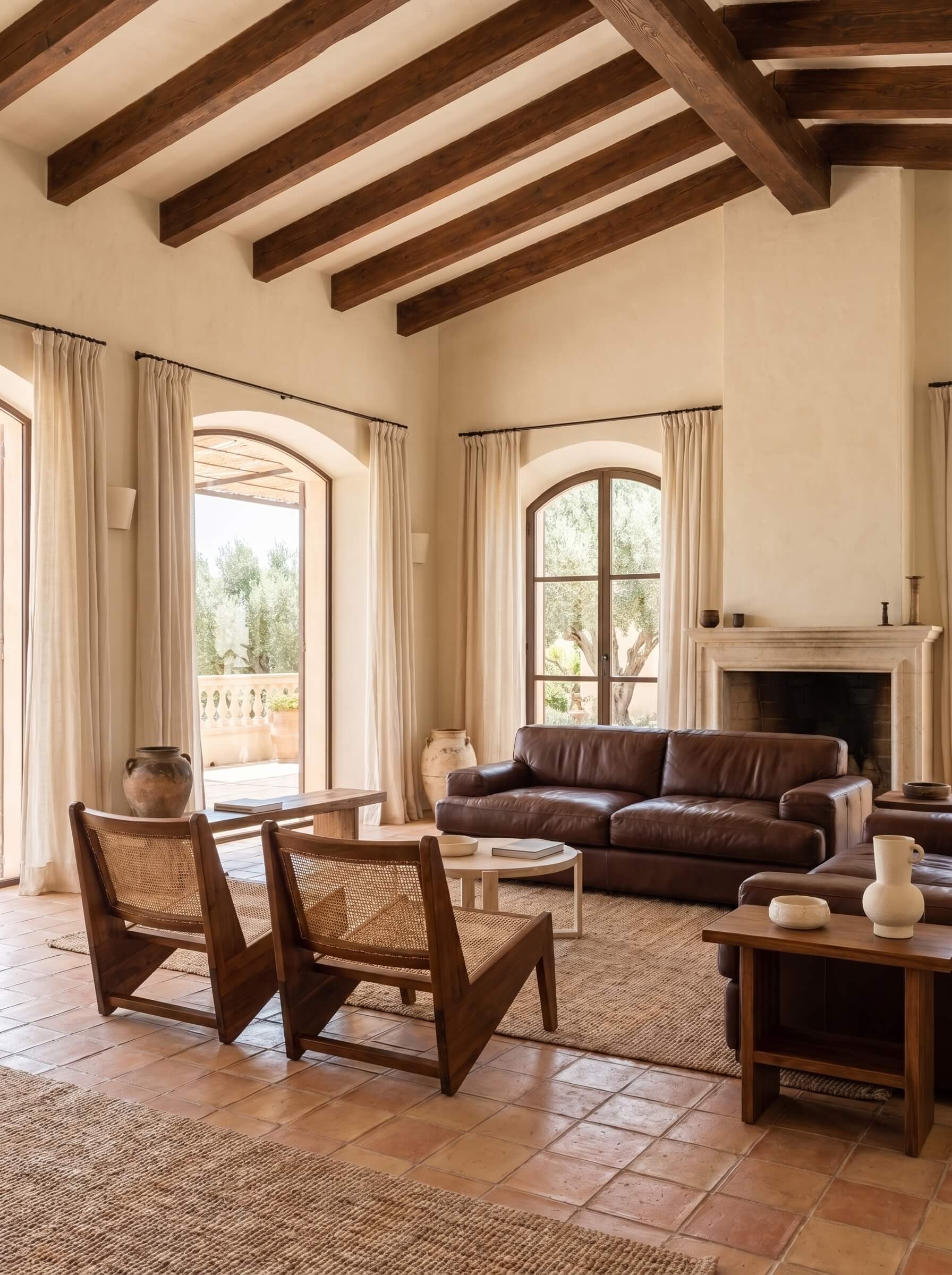 A spacious, rustic living room with high ceilings, exposed dark wood beams, terracotta tile floors, and cream walls. The room is furnished with a dark brown leather sofa, two wooden armchairs with woven seats, a wooden coffee table, and a textured area rug.