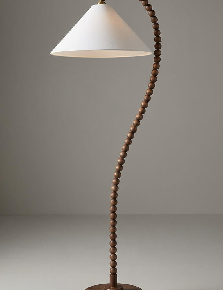 wooden floor lamp with sculptural natural wood base
