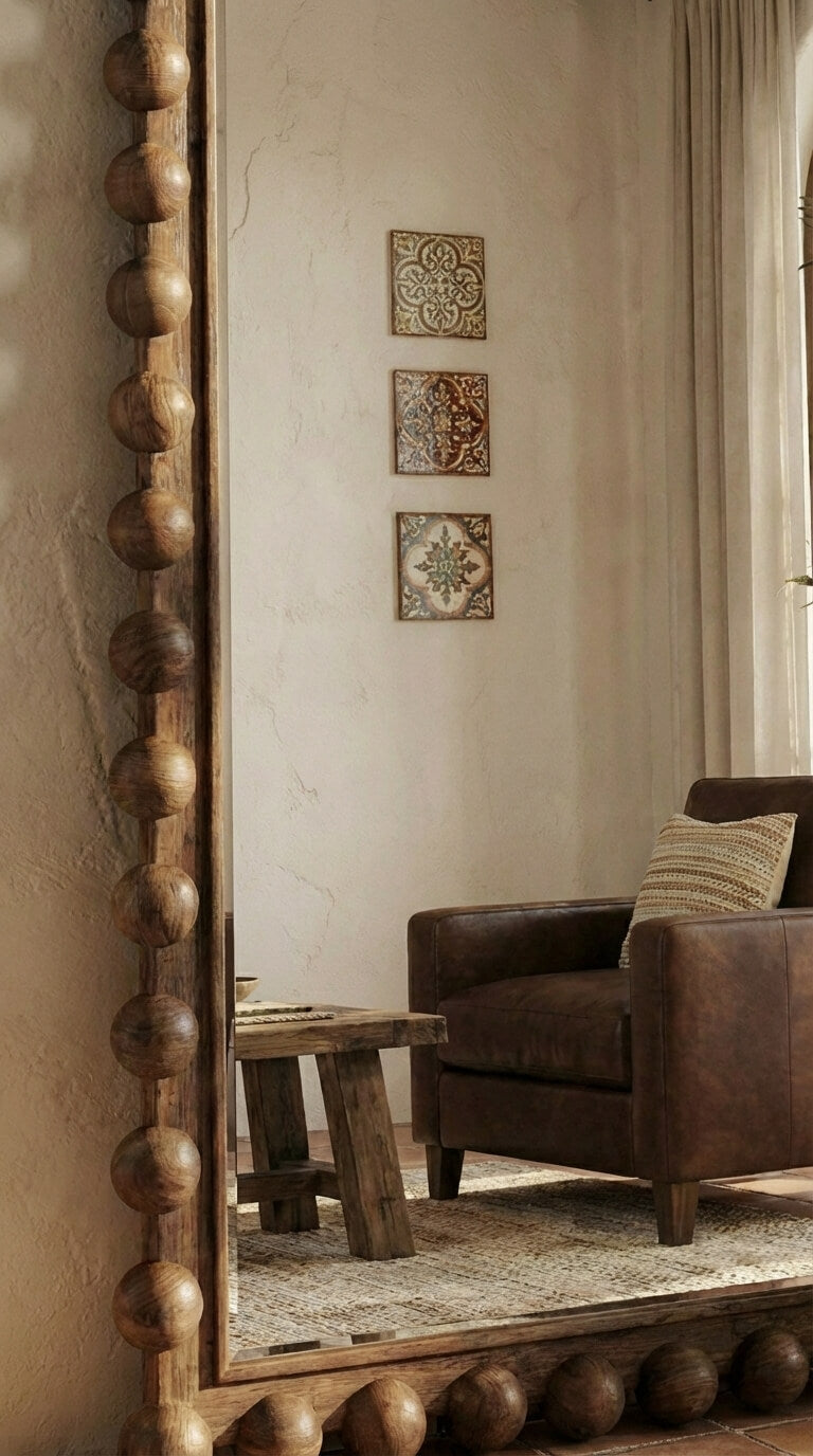 Living room with a large wooden mirror, brown armchair, and decorative wall tiles.