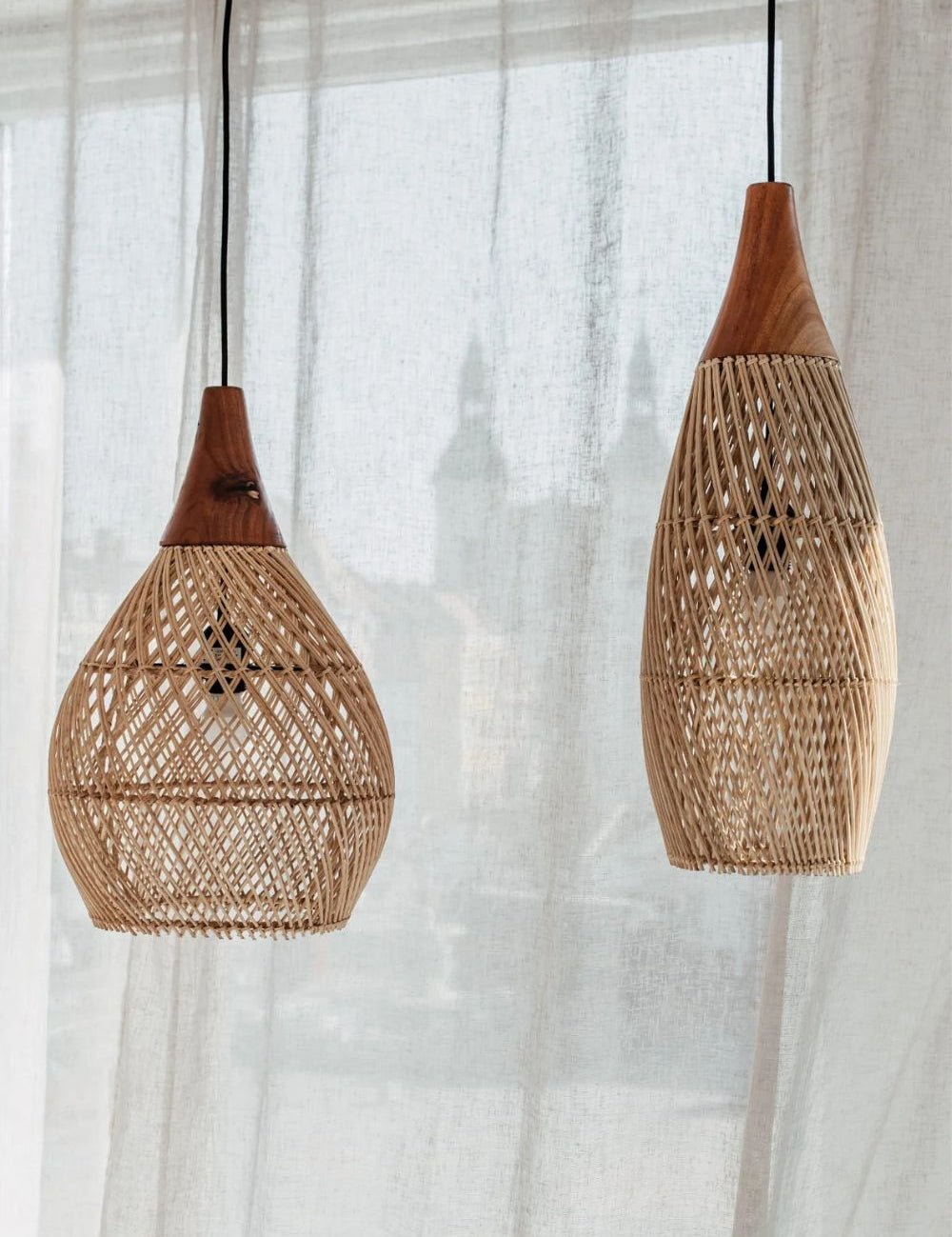 Woody rattan and teak wood handmade lamp in round and rectangular shapes - natural boho lighting