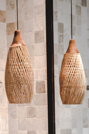 Woody rattan and teak wood handmade lamp in round and rectangular shapes - natural boho lighting