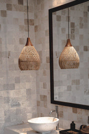 Woody rattan and teak wood handmade lamp in round and rectangular shapes - natural boho lighting