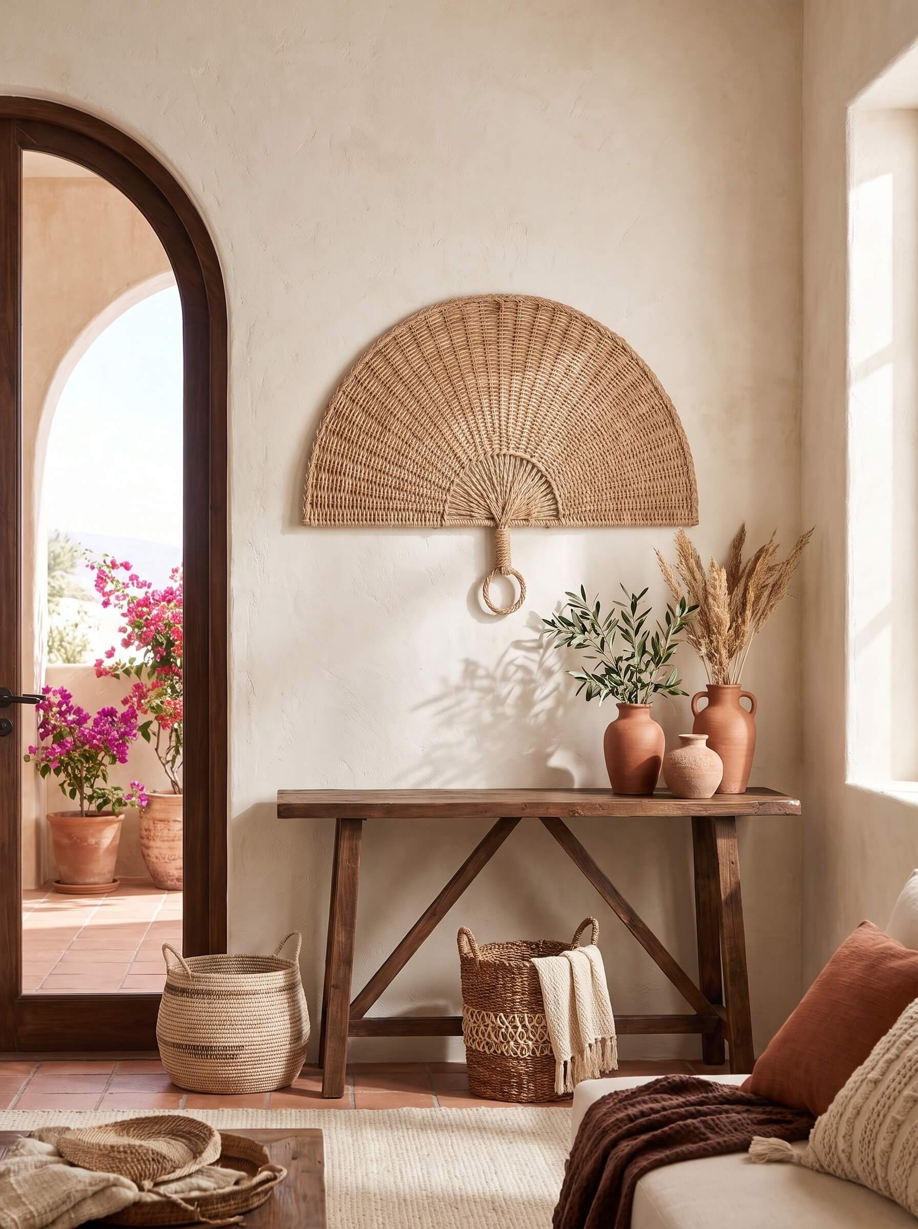 A styled bohemian interior scene featuring a natural woven wicker wall fan mounted on a textured beige plaster wall above a rustic wooden console table. The table is decorated with terracotta vases, dried pampas grass, and greenery, with matching woven baskets on the floor.