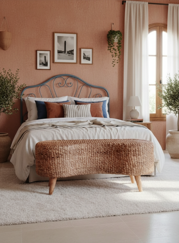 Bedroom with a bed, wicker bench, and pink walls