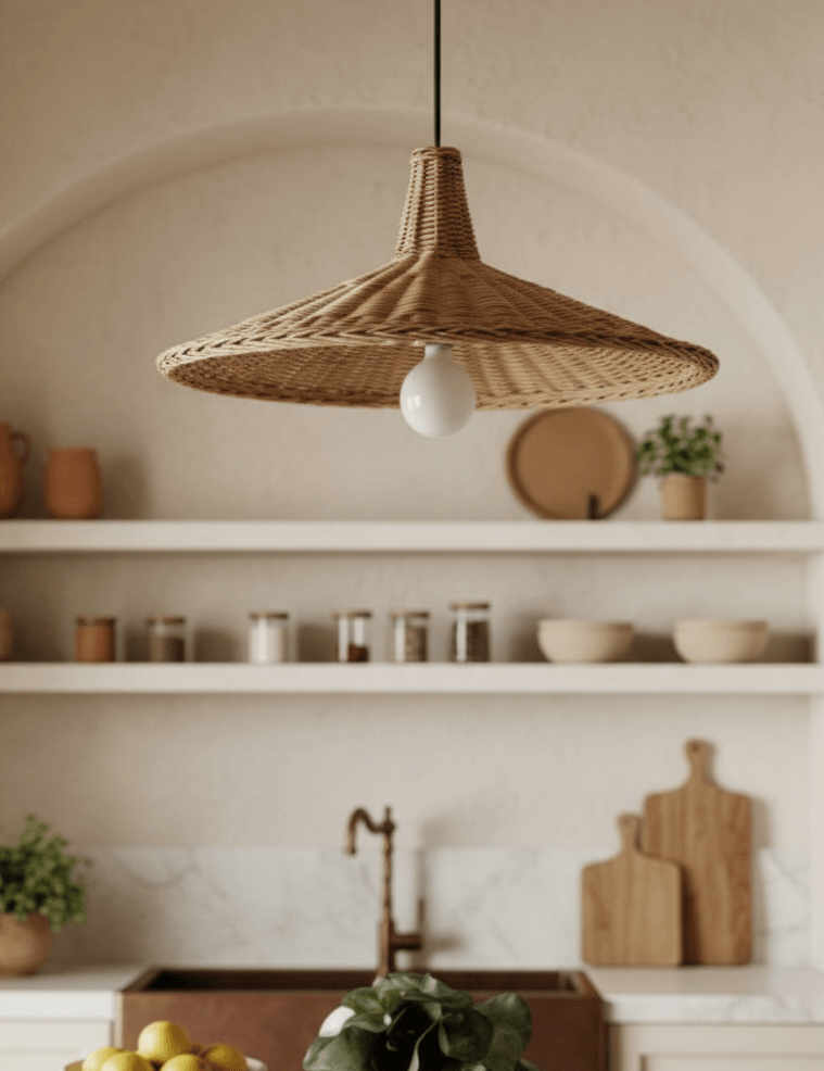 Woven pendant light hanging in a kitchen with shelves and decor.