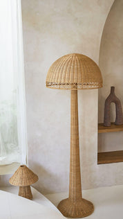 Wicker floor lamp in a room with neutral walls and a shelf.