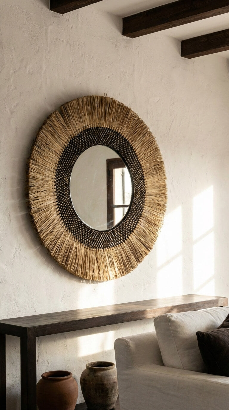 coastal style mirror with woven seagrass frame

