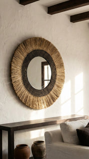 coastal style mirror with woven seagrass frame
