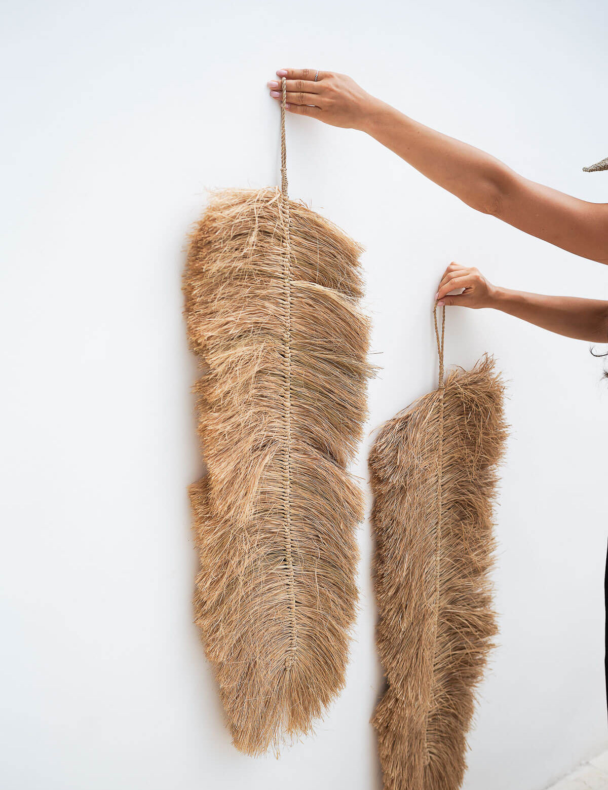 Two large brown feathers hanging from strings against a white background