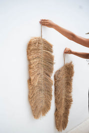 Two large brown feathers hanging from strings against a white background
